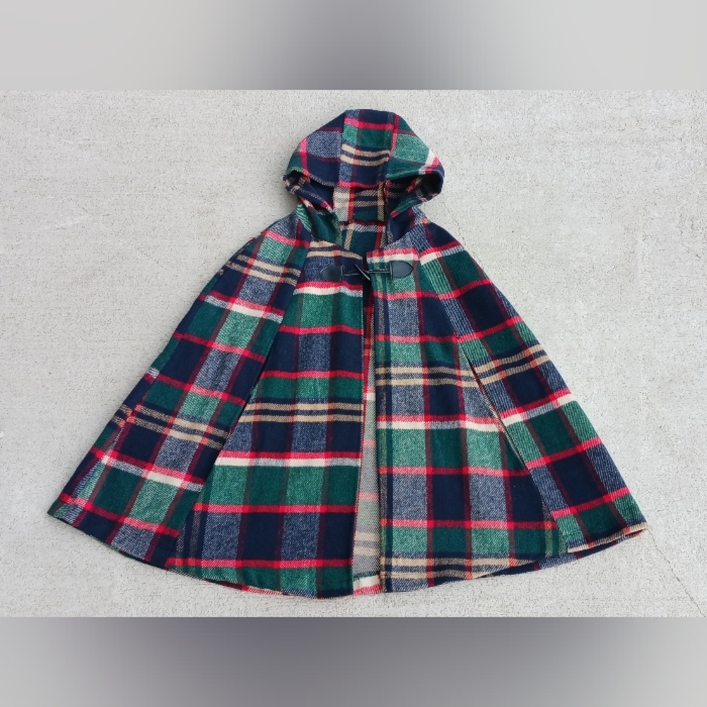 Nordstrom Red and Blue Womens Wool Plaid Tartan Hooded Cape Jacket